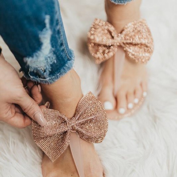 Rhinestone Bling Bow Jelly Sandals Nude Flip Flops - Picture 7 of 8